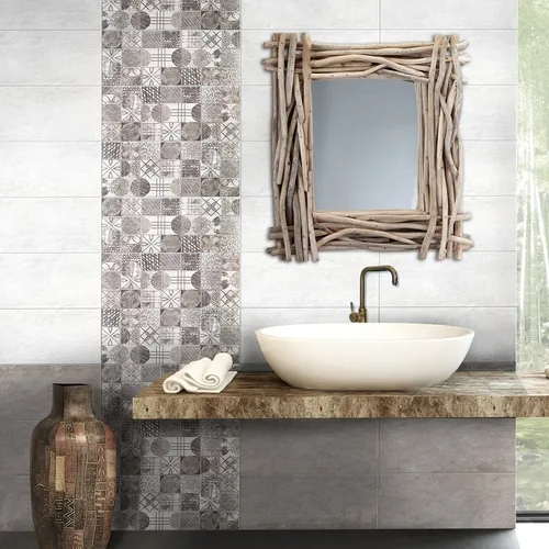 Modern bathroom decor on a black wall