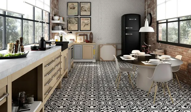 black_hydraulic_tile_kitchen_and_dining_area_floor